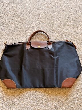 Longchamp Black Duffel with Brown Leather Trim